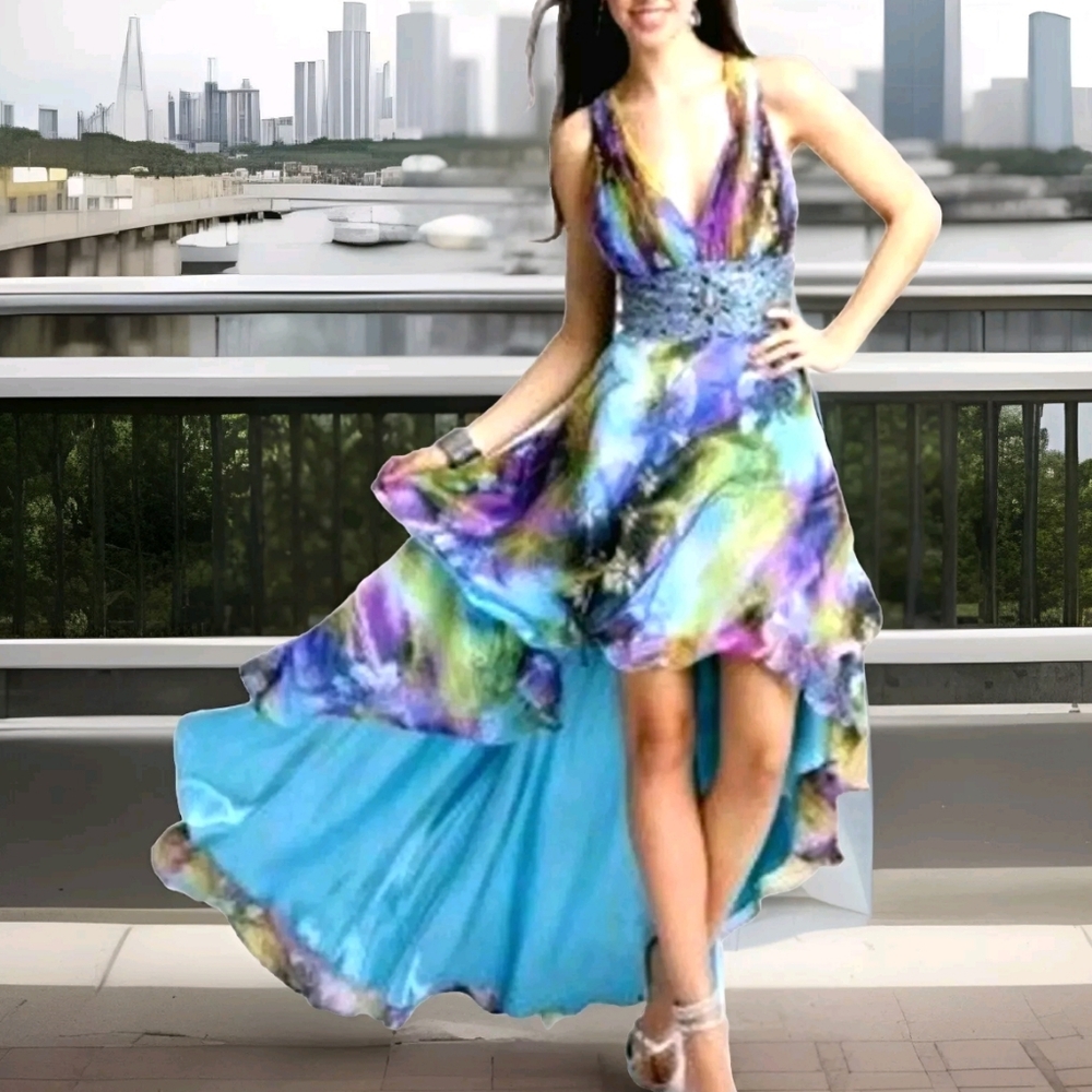 Camille La Vie Embellished High Low Open Back Long Train Formal Evening Gown 0